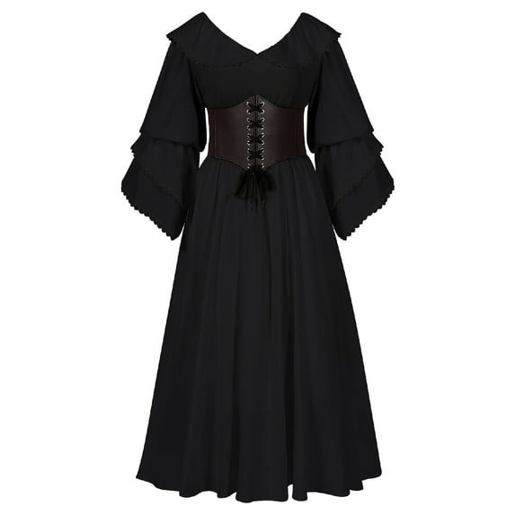 TFEOQRY Women's Renaissance Dress Set Ruffle Corset Belted Waist Maxi Dress Medieval Outfit Black