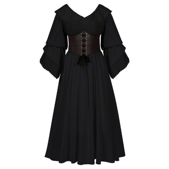 TFEOQRY Women's Renaissance Dress Set Ruffle Corset Belted Waist Maxi Dress Medieval Outfit Black