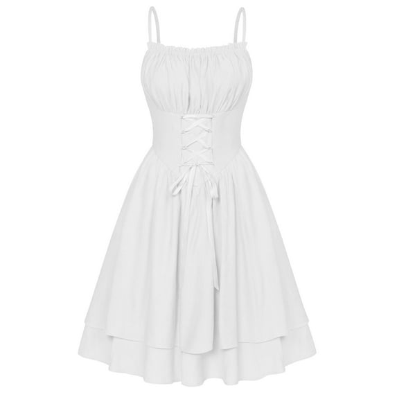TFEOQRY Women's Renaissance Dress Spaghetti Straps Ruffled Neckline Corset Lace Up Front Tiered Skirt Outfit White