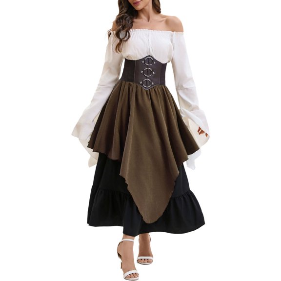 TFEOQRY Women's Renaissance Medieval Dress Set Trumpet Sleeve Off Shoulder Layered Skirt Corset Top Medieval Outfit Brown