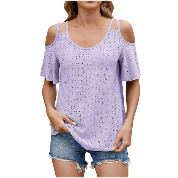 TFEOQRY Women's Round Neck Shirt Top Fashion New Solid Color Shoulder Strap Round Neck Off Shoulder Short Sleeved Top Purple