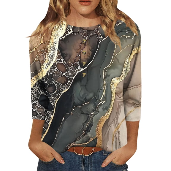 TFEOQRY Women's Round Neck Top Abstract Color Block 3/4 Sleeve Button Loose Casual Fall Fashion Blouse Khaki