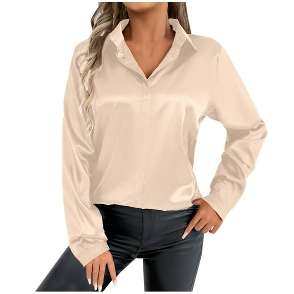 TFEOQRY Women's Satin V Neck Blouse Solid Long Sleeve Elegant Dressy Top Casual Office Work Shirt Beige