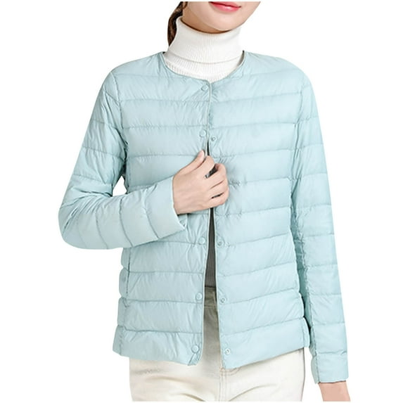 TFEOQRY Women's Short Hoddless Padded Coats Solid Color Lightweight Down Jacket Round Neck Short Jacket Long Sleeved Cotton Jacket Light Blue