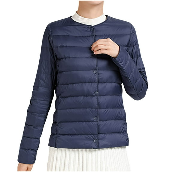 TFEOQRY Women's Short Hoddless Padded Coats Solid Color Lightweight Down Jacket Round Neck Short Jacket Long Sleeved Cotton Jacket Navy
