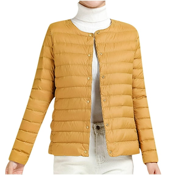TFEOQRY Women's Short Hoddless Padded Coats Solid Color Lightweight Down Jacket Round Neck Short Jacket Long Sleeved Cotton Jacket Yellow
