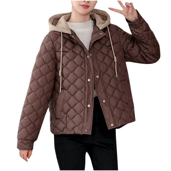 TFEOQRY Women's Short Padded Coats Jacket Loose and Thick Hooded Pocket Cotton Clothing Long Sleeved Parkas Coffee