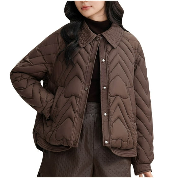 TFEOQRY Women's Short Padded Coats Jacket Solid Color Long Sleeved Jacket Thick Loose Collar Winter Short Cotton Clothing Long Sleeve Parkas Coffee