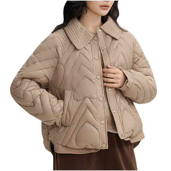 TFEOQRY Women's Short Padded Coats Jacket Solid Color Long Sleeved Jacket Thick Loose Collar Winter Short Cotton Clothing Long Sleeve Parkas Khaki