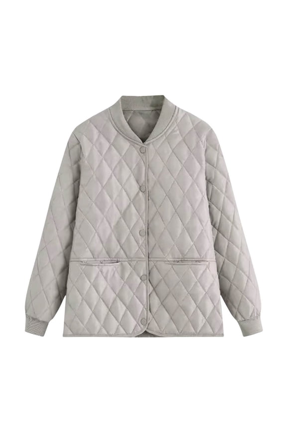 Women's Short Padded Coats Solid Color Loose Jacket Thermal Cotton Long Sleeved Coat Gray