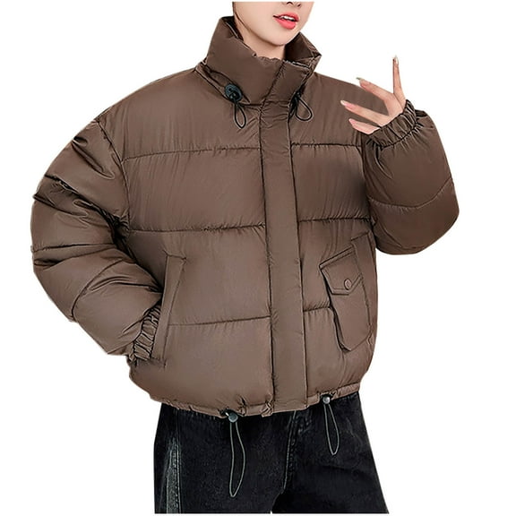 TFEOQRY Women's Short Padded Coats Stand-Up Collar Padded Coats Casual Long Sleeve Solid Color Button Bread Jacket with Pockets Ladies Tops Blouse Coat Outwear Jacket Coffee