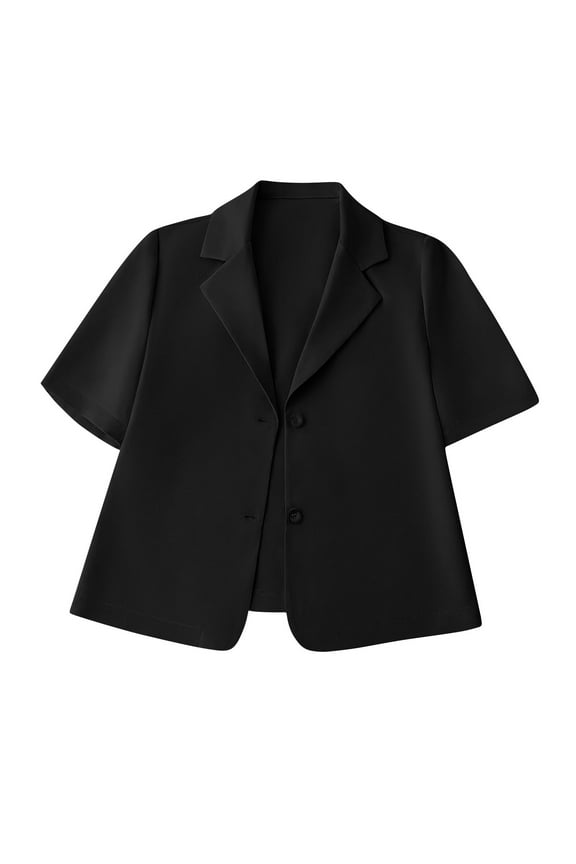 Women's Short Sleeve Blazer Casual Lightweight Lapel Button Down Jacket Solid Office Coat Black
