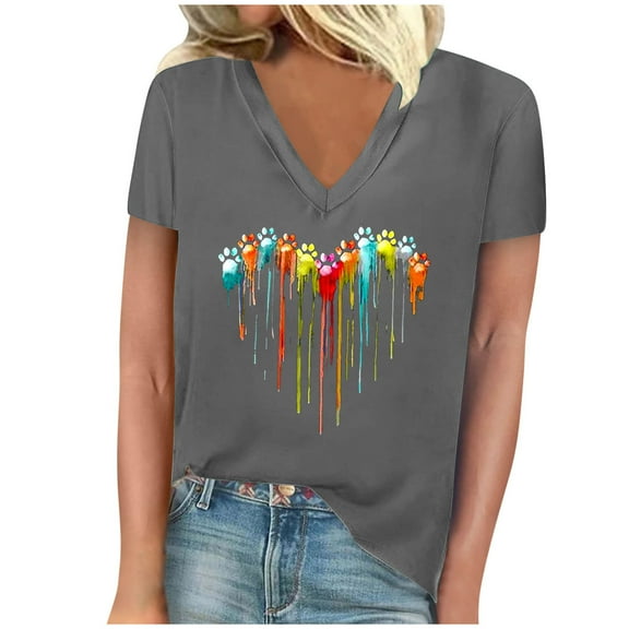 TFEOQRY Women's Short Sleeve V-Neck Shirts Fashion Casual Heart Printed T-Shirt Tops Blouses Gray