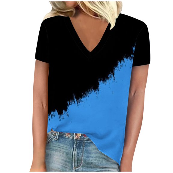 TFEOQRY Women's Short Sleeve V-Neck Shirts Fashion Color Block Printing T-Shirt Tops Blouses Blue