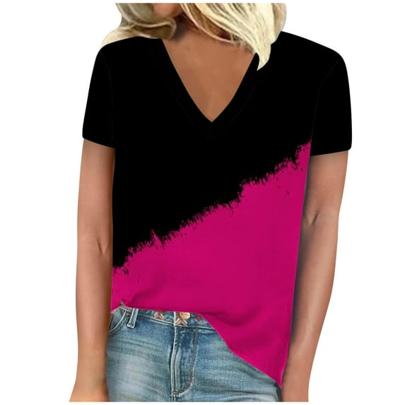 TFEOQRY Women's Short Sleeve V-Neck Shirts Fashion Color Block Printing T-Shirt Tops Blouses Hot Pink