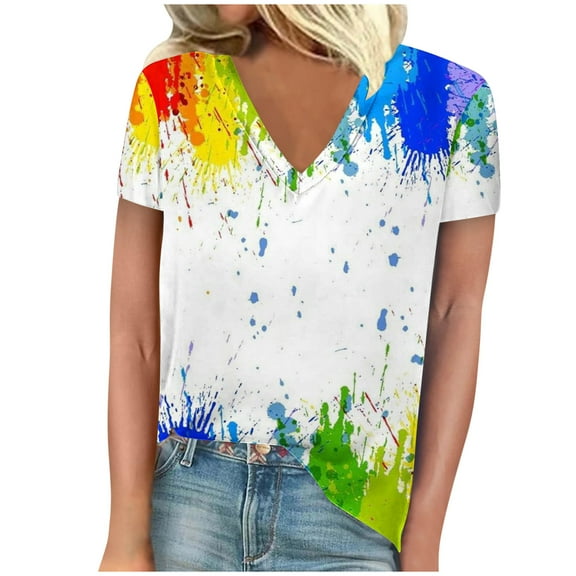 TFEOQRY Women's Short Sleeve V-Neck Shirts Fashion Graffiti Printed Casual T-Shirt Tops Blouses Multicolor