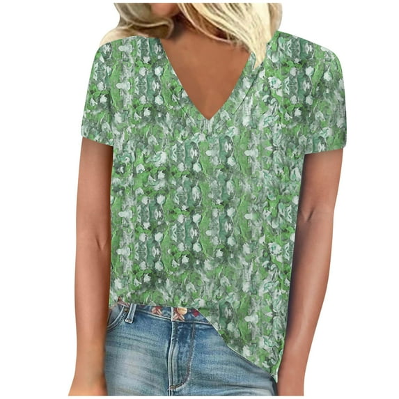 TFEOQRY Women's Short Sleeve V-Neck Shirts Fashionable and Casual Floral Printed Casual T-Shirt Tops Blouses Green