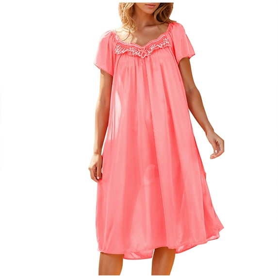 TFEOQRY Women's Solid Color Nightgown Dress Solid Color Short-Sleeved Loose Ice Silk Lace Home Dress Nightdress Mid-Calf Sleepshirts Watermelon Red