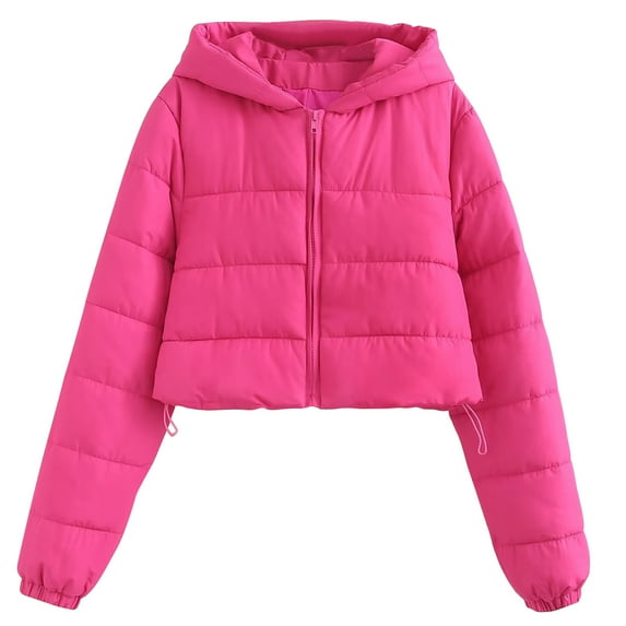 TFEOQRY Women's Solid Color Padded Coats Short Zipper Cotton Jacket Long Sleeved Parkas Hot Pink