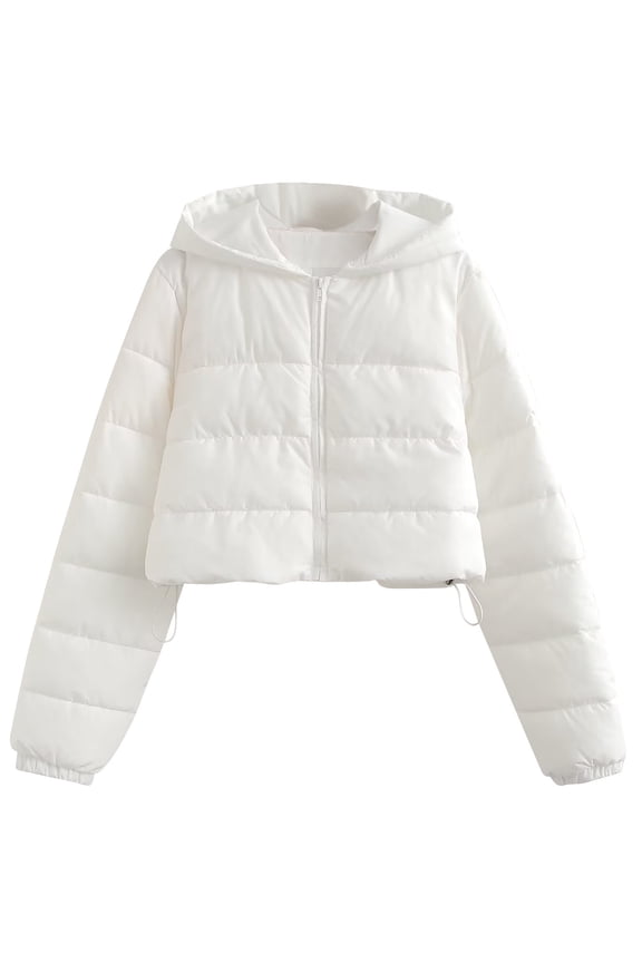 Women's Solid Color Padded Coats Short Zipper Cotton Jacket Long Sleeved Parkas White