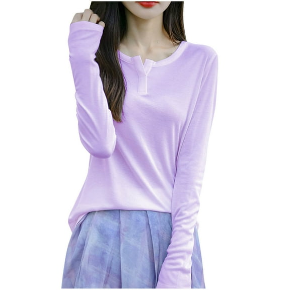 TFEOQRY Women's Split Neckline Top Long Sleeve Solid Color Sweater Casual Loose Soft Stretch Daily Wear Shirt Purple