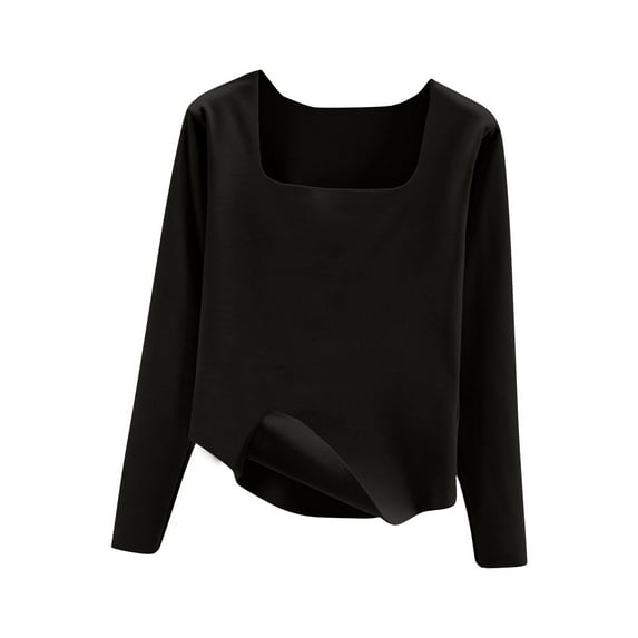 TFEOQRY Women's Square Neck Tops Long Sleeve Lightweight Solid Color Casual Pullover Fall Fashion Blouse Black
