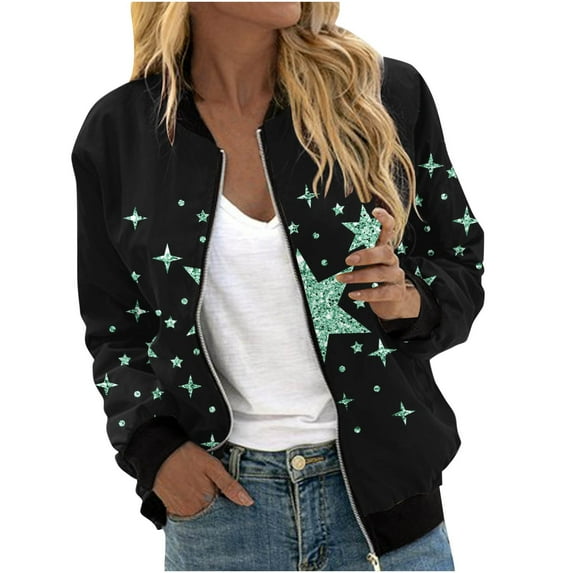 TFEOQRY Women's Star Print Flight Jacket Long Sleeve Zip Up Coat Casual Fashion Fall Winter Outerwear Green-4