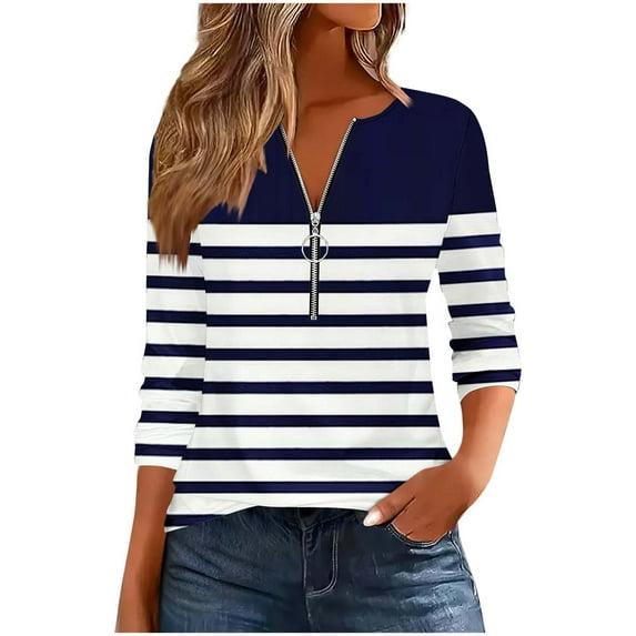 TFEOQRY Women's Striped Print Top Half Zip V Neck Long Sleeve T Shirt Casual Fashion Fall Pullover Navy