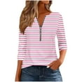 thumbnail image 1 of TFEOQRY Women's Striped Print Top Half Zip V Neck Long Sleeve T Shirt Casual Fashion Fall Pullover Pink, 1 of 5