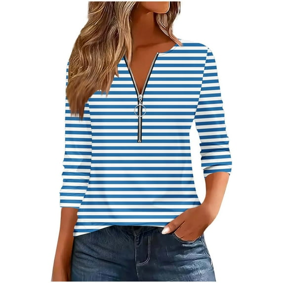 TFEOQRY Women's Striped Print Top Half Zip V Neck Long Sleeve T Shirt Casual Fashion Fall Pullover Sky Blue