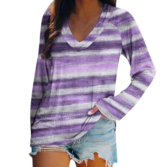 TFEOQRY Women's Striped Print V Neck Shirt Color Block Long Sleeve Casual Loose Pullover Fall Fashion Top Purple