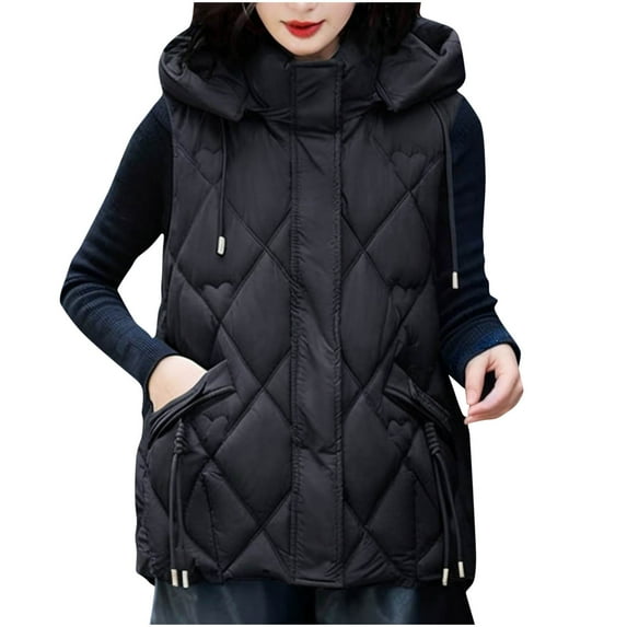 TFEOQRY Women's Thermal Vest Solid Color Short Loose Thick Hooded Tank with Pockets Sleeveless Cotton Jacket Black