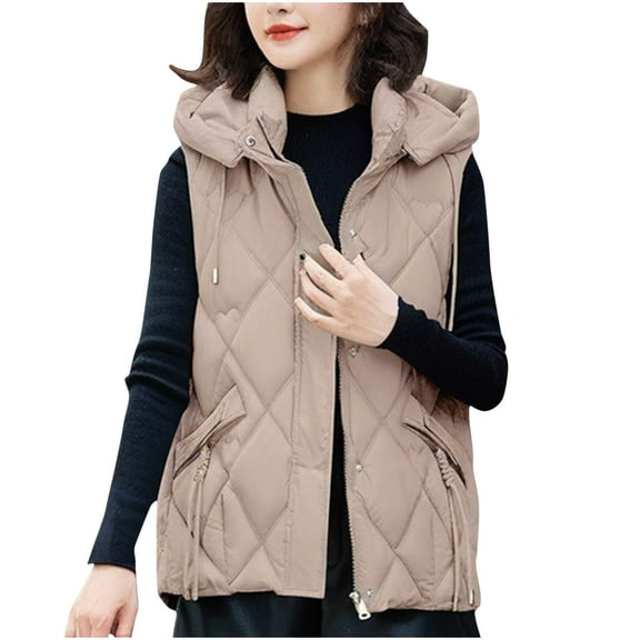 TFEOQRY Women's Thermal Vest Solid Color Short Loose Thick Hooded Tank with Pockets Sleeveless Cotton Jacket Khaki