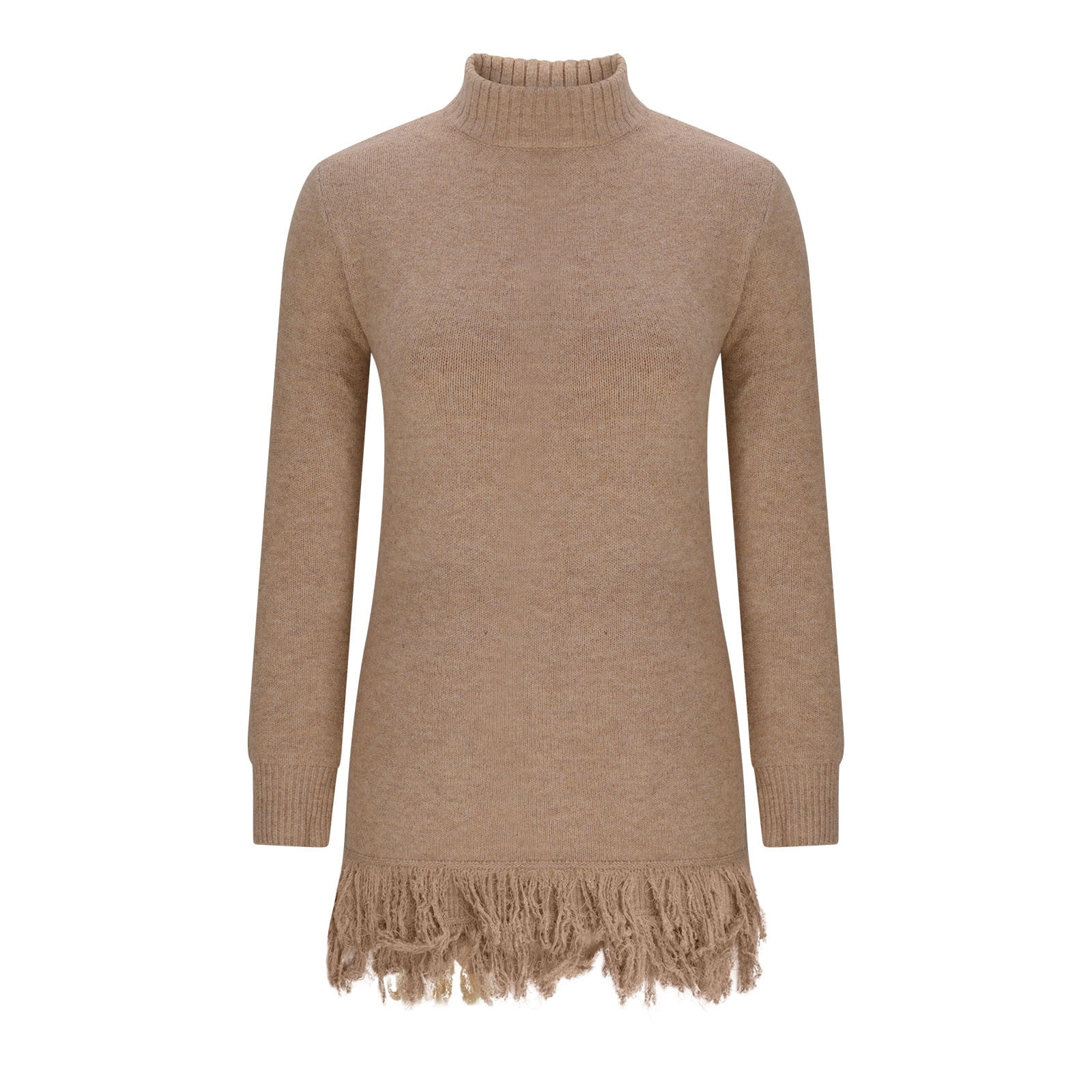 brown ruffled hem turtleneck sweater dress Tfeoqry Women's Long Sleeve Ribbed Knit Fringe Casual Pullover Fall Winter Top Khaki, Size: Small, SIZE:24 and a slip Style:Boho Full Length Black Spaghetti