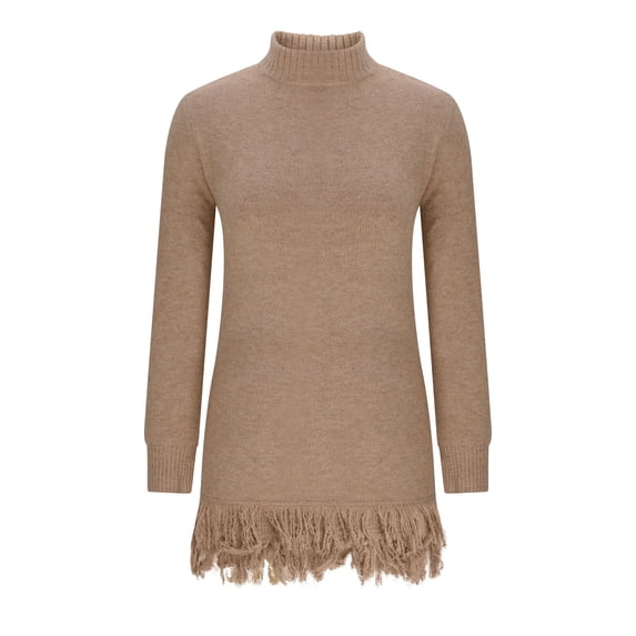 TFEOQRY Women's Turtleneck Sweater Dress Long Sleeve Ribbed Knit Fringe Hem Casual Pullover Fall Winter Top Khaki