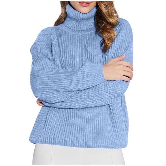 TFEOQRY Women's Turtleneck Sweater Long Sleeve Ribbed Knitted Loose Pullover Casual Fall Winter Top Light Blue