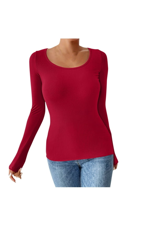 Women's U Neck Long Sleeve T Shirt Ribbed Knitted Basic Casual Pullover Fall Winter Fashion Top Burgundy