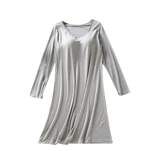 TFEOQRY Women's U Neck Nightgown Long Sleeve Loose Soft Solid Sleep Dress Casual Bedroom Top with Built in Shelf Bra Gray