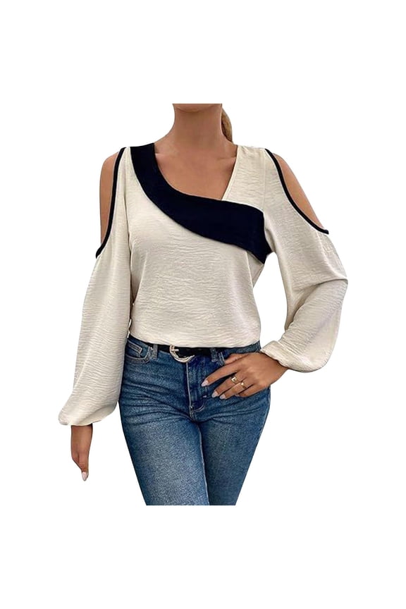 Women's V Neck Cold Shoulder Top Color Block Long Sleeve Casual Pullover Fall Fashion Blouse Beige