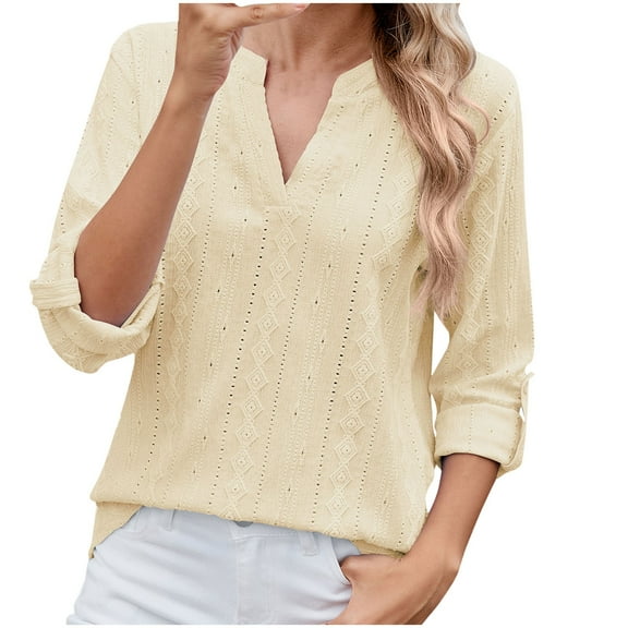 TFEOQRY Women's V-Neck Hollow Out T-Shirt Top Fashion Casual New Solid Color 3/4 Sleeve Loose Blouses Shirts Beige
