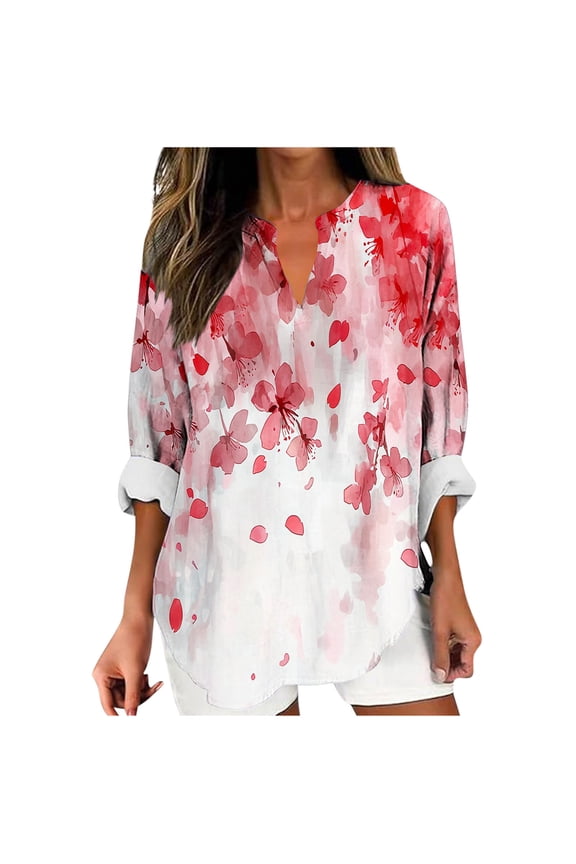 Women's V Neck Long Sleeve Shirt Floral Pattern Print Loose Casual Top Fall Fashion Blouse Red-2