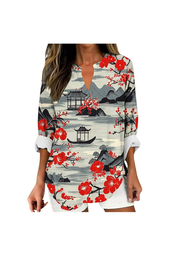 Women's V Neck Long Sleeve Shirt Floral Pattern Print Loose Casual Top Fall Fashion Blouse Red