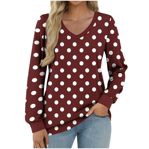 TFEOQRY Women's V Neck Polka Print Top Color Block Long Sleeve Loose Casual Pullover Fall Winter Blouses Burgundy