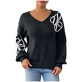 thumbnail image 1 of TFEOQRY Women's V Neck Sweater Floral Embroidery Lantern Sleeve Loose Knit Casual Pullover Fall Winter Top Black, 1 of 9