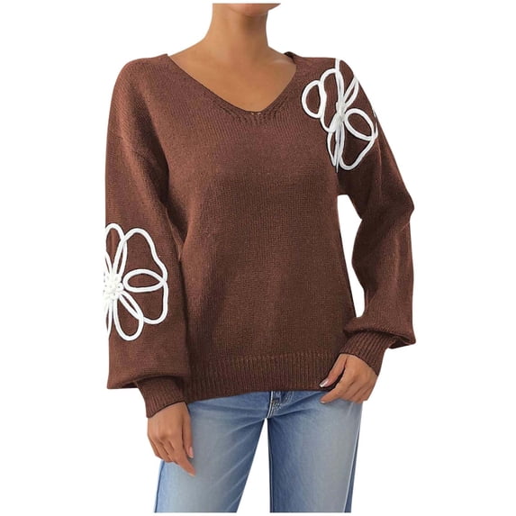 TFEOQRY Women's V Neck Sweater Floral Embroidery Lantern Sleeve Loose Knit Casual Pullover Fall Winter Top Coffee
