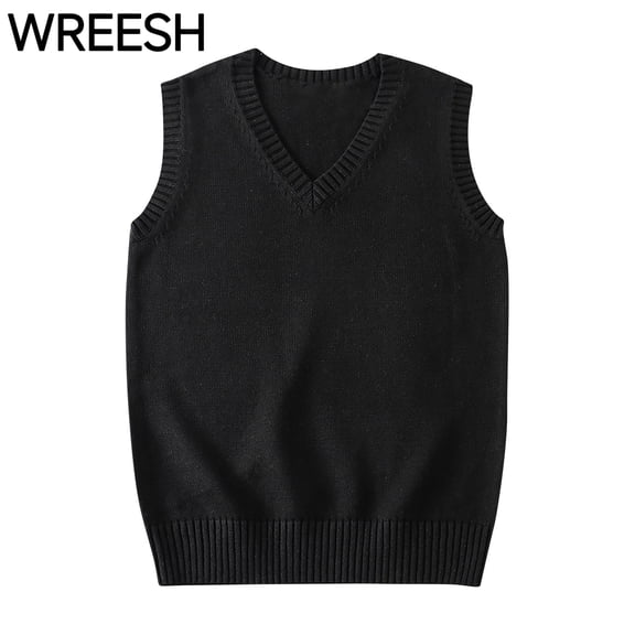 WREESH Women's V Neck Sweater Vest Sleeveless Solid Color Ribbed Edge Classic Knit Casual Pullover Top Black