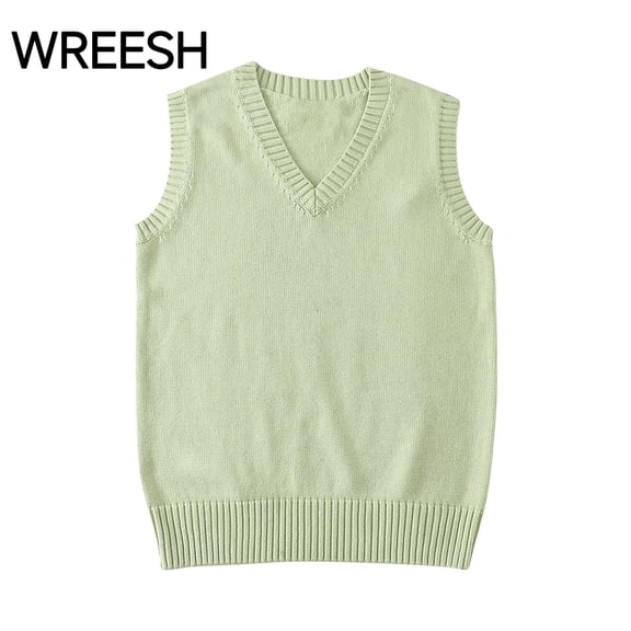 WREESH Women's V Neck Sweater Vest Sleeveless Solid Color Ribbed Edge Classic Knit Casual Pullover Top Green