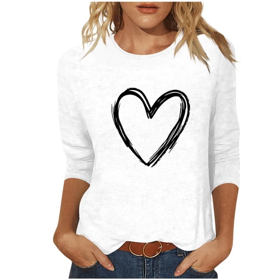 TFEOQRY Women's Valentine's Shirt Heart Pattern Print Crew Neck 3/4 Sleeve Casual Loose Pullover Fall Daily Top White-3