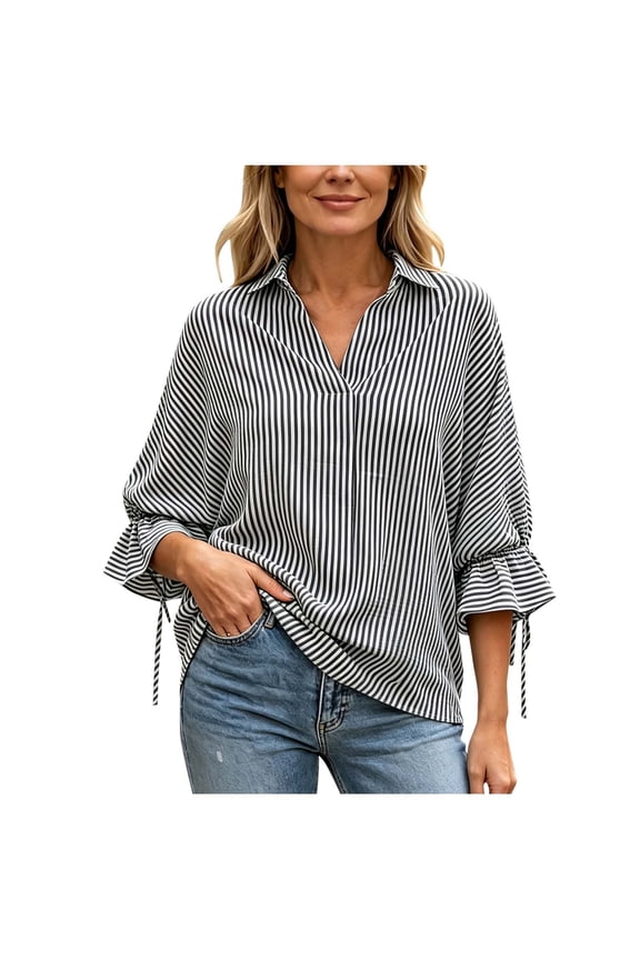 Women's Vertical Striped Blouse Collared Back Split Tail Hem Drawstring Ruffle 3/4 Sleeve Loose Casual Shirts