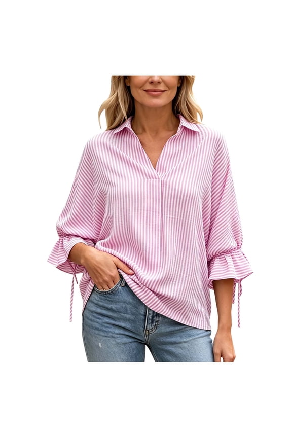 Women's Vertical Striped Blouse Collared Back Split Tail Hem Drawstring Ruffle 3/4 Sleeve Loose Casual Shirts